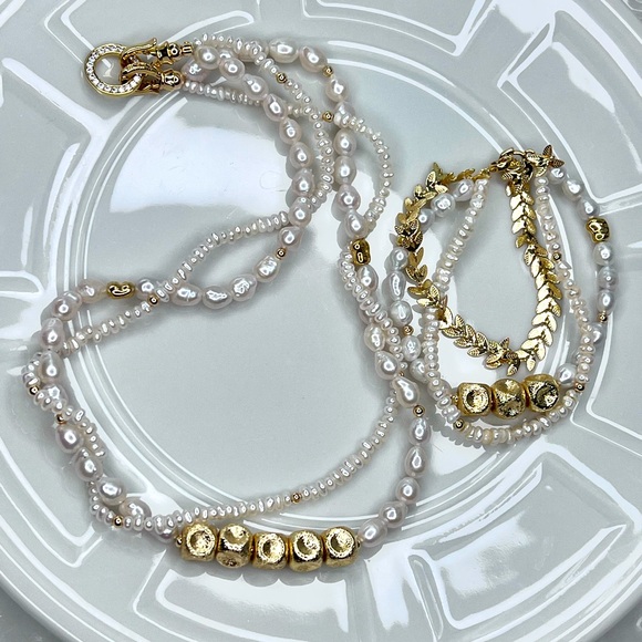 Jewelry - Handmade Freshwater Pearl Double Strand Gold Plated Necklace Bracelet SET